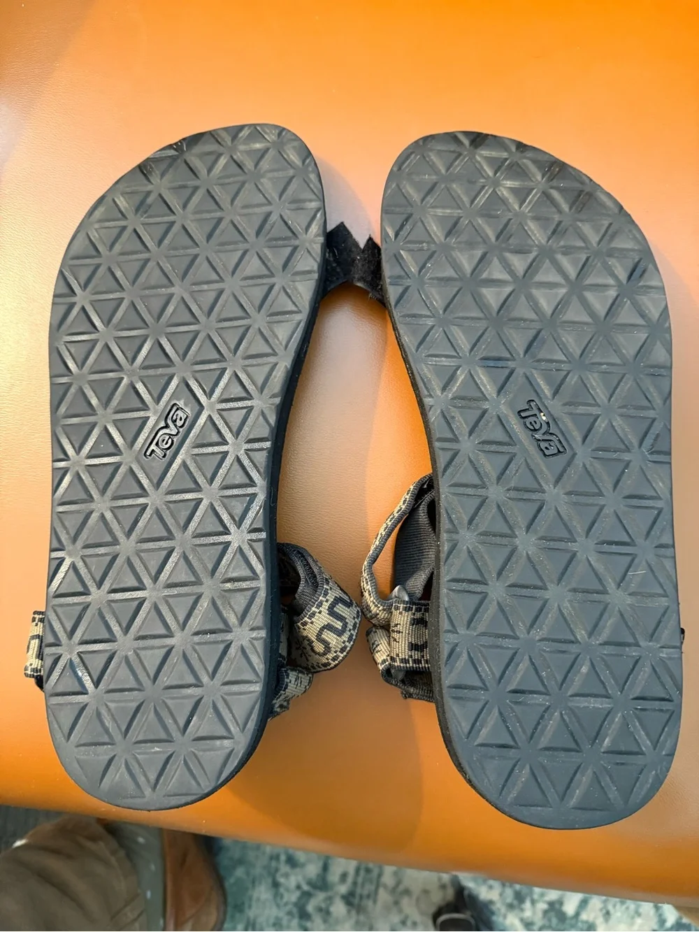Teva Men's Black Footbed Sandals with Tan Patterned Straps